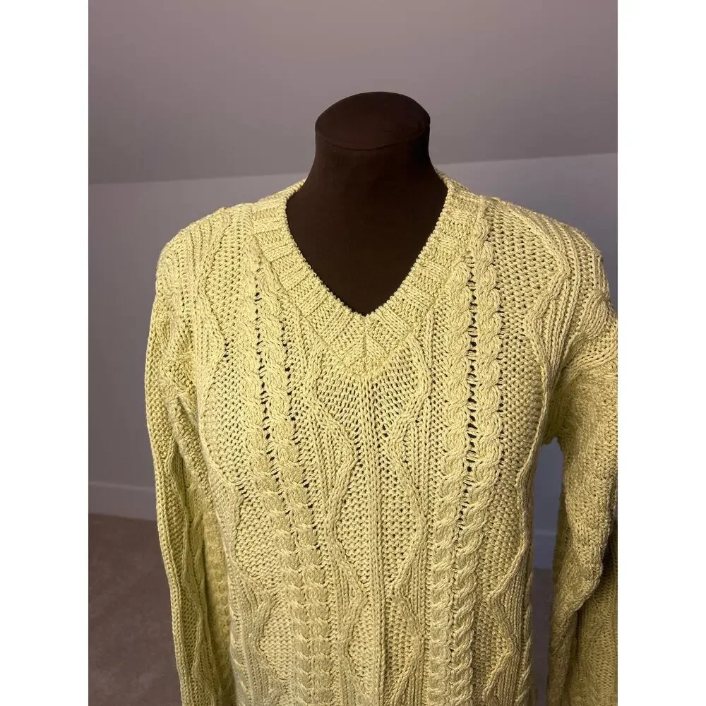 Aran Crafts Ireland Women’s Cotton Blend Green Yellow V Neck Sweater Size Small